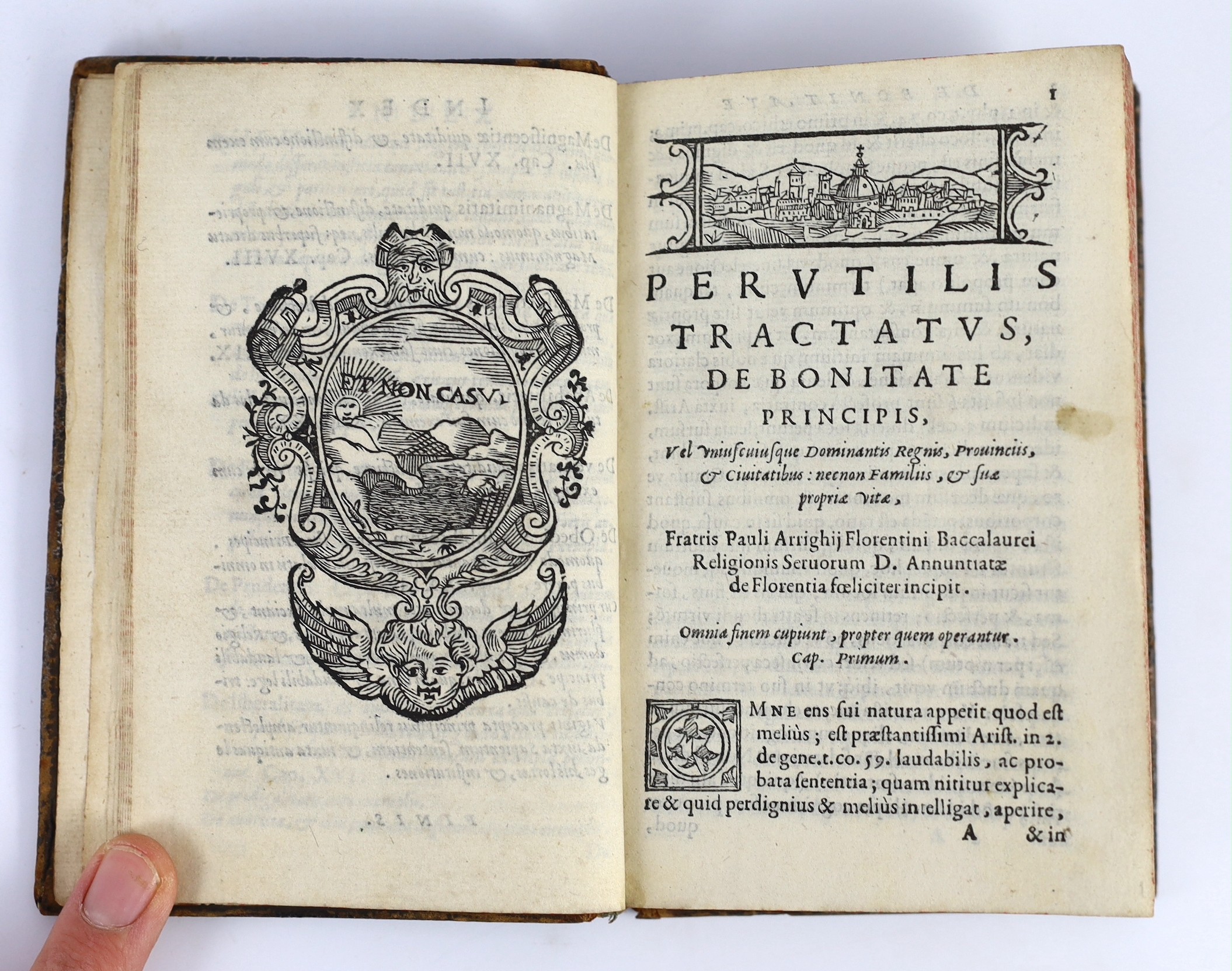 Arrighi, Paolo - Perutilis Tractatus de Bonitate Principis ... pictorial engraved vignette title and text decorations; (16), 214pp. and Errores leaf: old gilt calf and panelled spine - foliate surrounds enclosing coronet